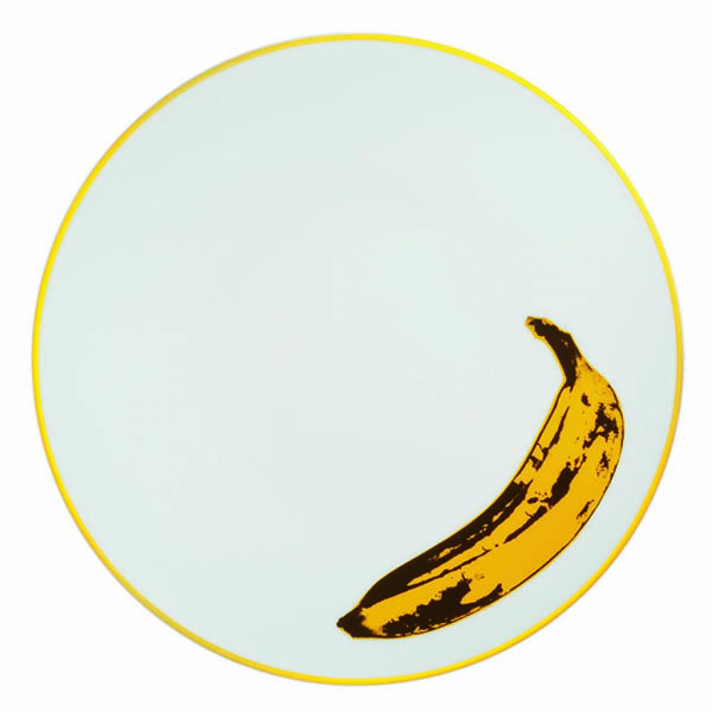 <strong>Pop Art</strong><br />D’après une œuvre d’Andy Warhol, assiette en porcelaine de Limoges, 2 couleurs. Ø 21 cm. Modèle Banana, collection Ligne Blanche, 90 €, l’une (<a href="http://www.ligneblancheparis.com" target="_blank">www.ligneblancheparis.com</a>). © Ligne Blanche 