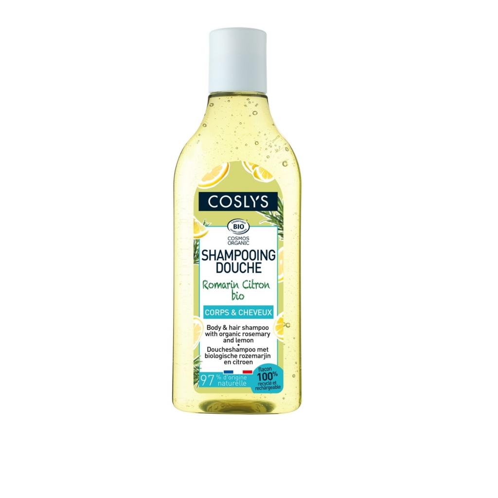 Shampoing douche enrichi en huiles essentielles de Citron bio et de Rmarin, 250 ml, 6,33 €, cosys, disponible sur <a href="http://www.coslys.fr">www.coslys.fr</a>