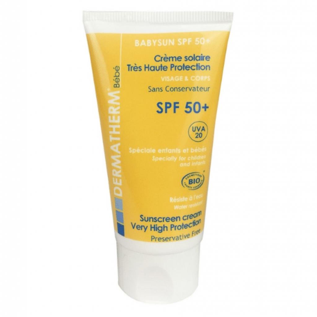 Crème solaire très haute protection, Dermatherm, 15,90 €. 
