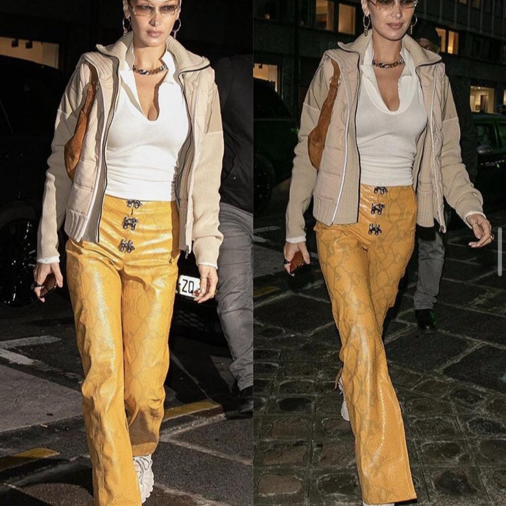 8. Un pantalon effet serpent du label Léo porté par Bella dans les rues de Paris pendant la semaine de la couture en janvier dernier. Un mois plus tard, elle s’affichait dans une version denim à l’occasion de la Fashion week de New York. 