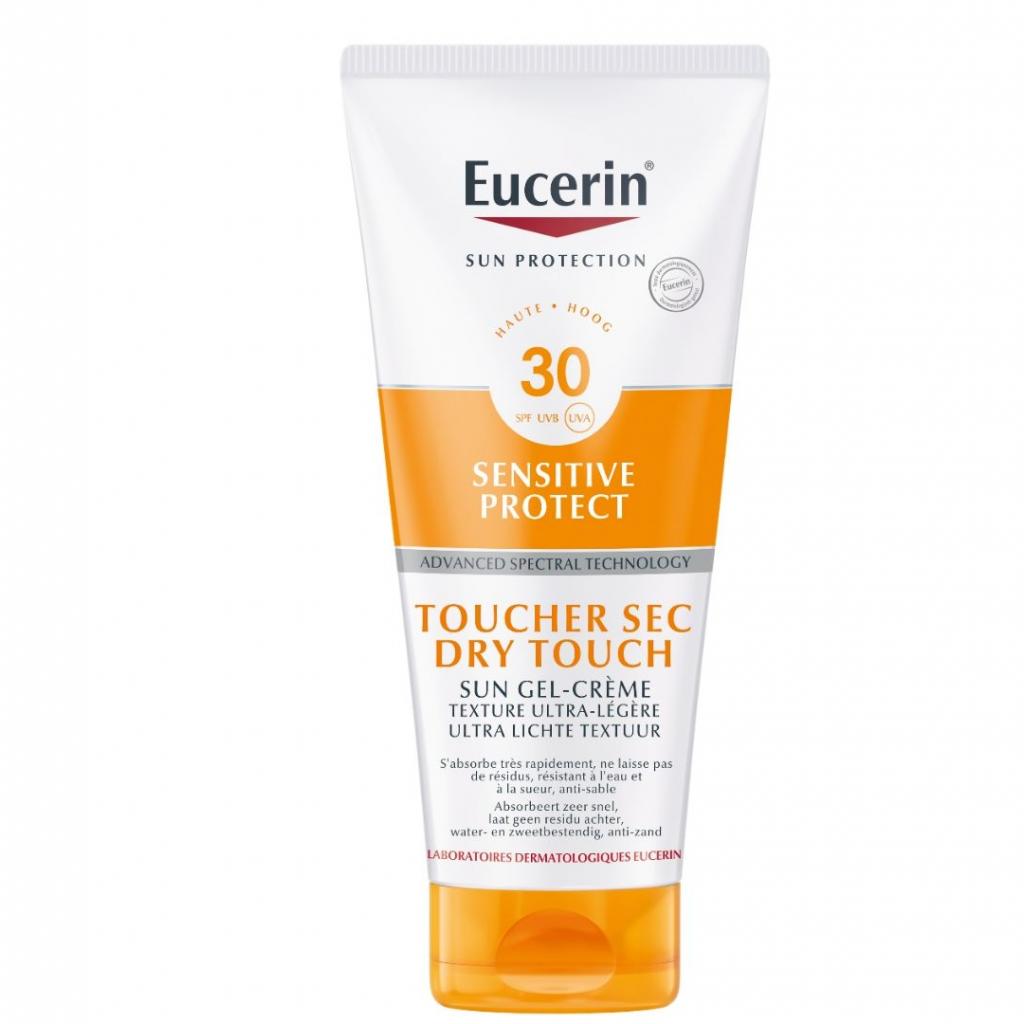 <strong>Gel-Crème Sensitive Protect Toucher Sec SPF 30, Eucerin, 200 ml, 23 €</strong> - S’absorbe très rapidement, ne laisse pas de résidus, résistant à l’eau et à la sueur, anti-sable.