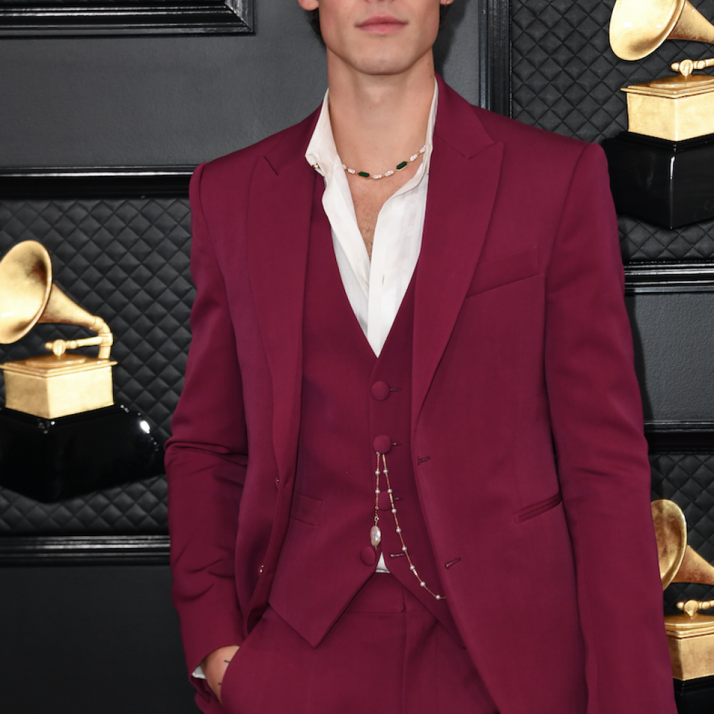 Shawn Mendes portait un collier haute joaillerie Serpenti en or rose, nacre et malachite BVLGARI et un costume Louis Vuitton. 