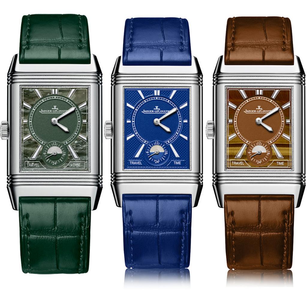 Montres Jaeger-LeCoultre Atelier Reverso – mouvement manuel – verso Travel Time Cadrans Electric Blue, Military Marble,Tiger's Eye.