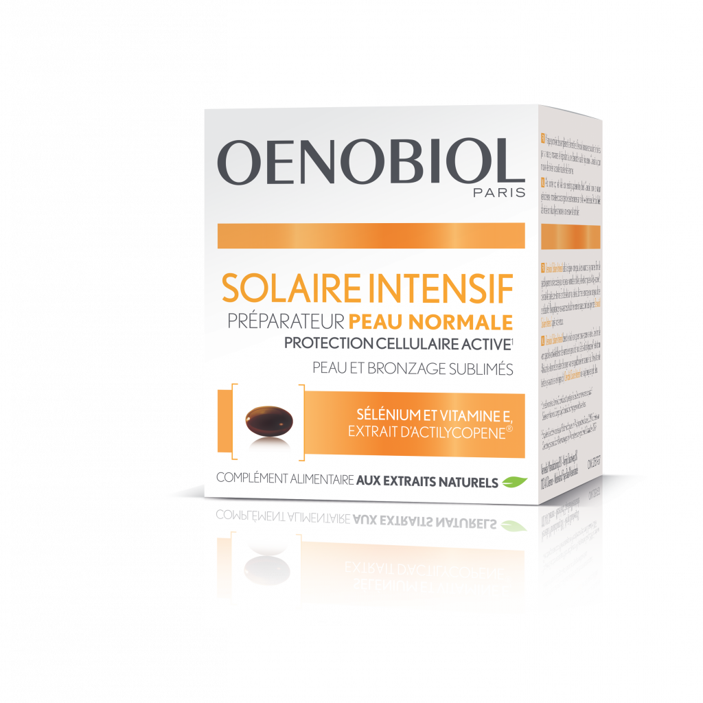 Solaire intensif, compléments alimentaires, préparation et protection, Oenobiol, 20,41 € sur <a href="http://www.oenobiol.com">www.oenobiol.com</a>