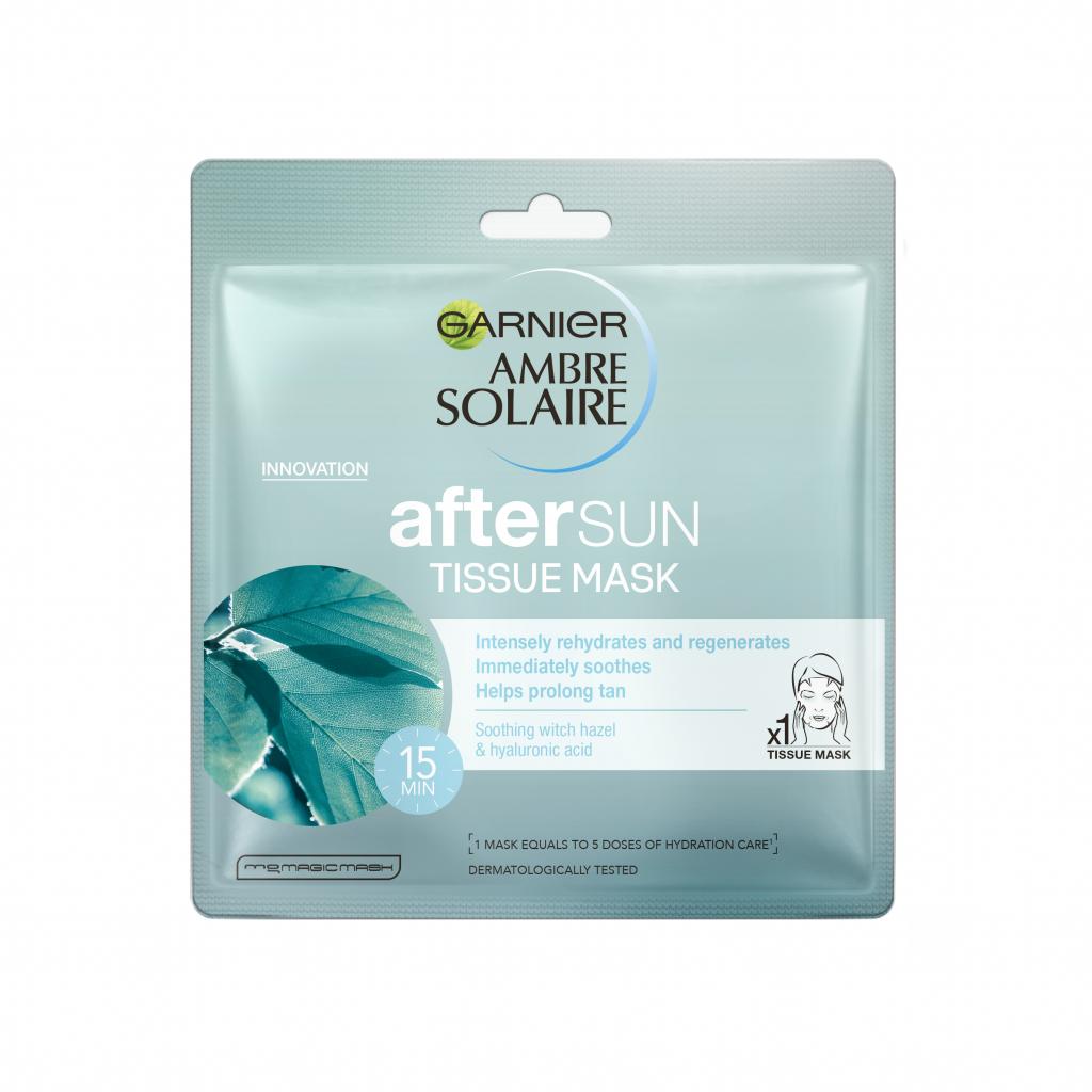 La cure anti-coup de soleil : Aftersun tissue mask Ambre Solaire, masque tissu, Garnier, 3,99 € sur <a href="http://www.kruidvat.be">www.kruidvat.be</a>.